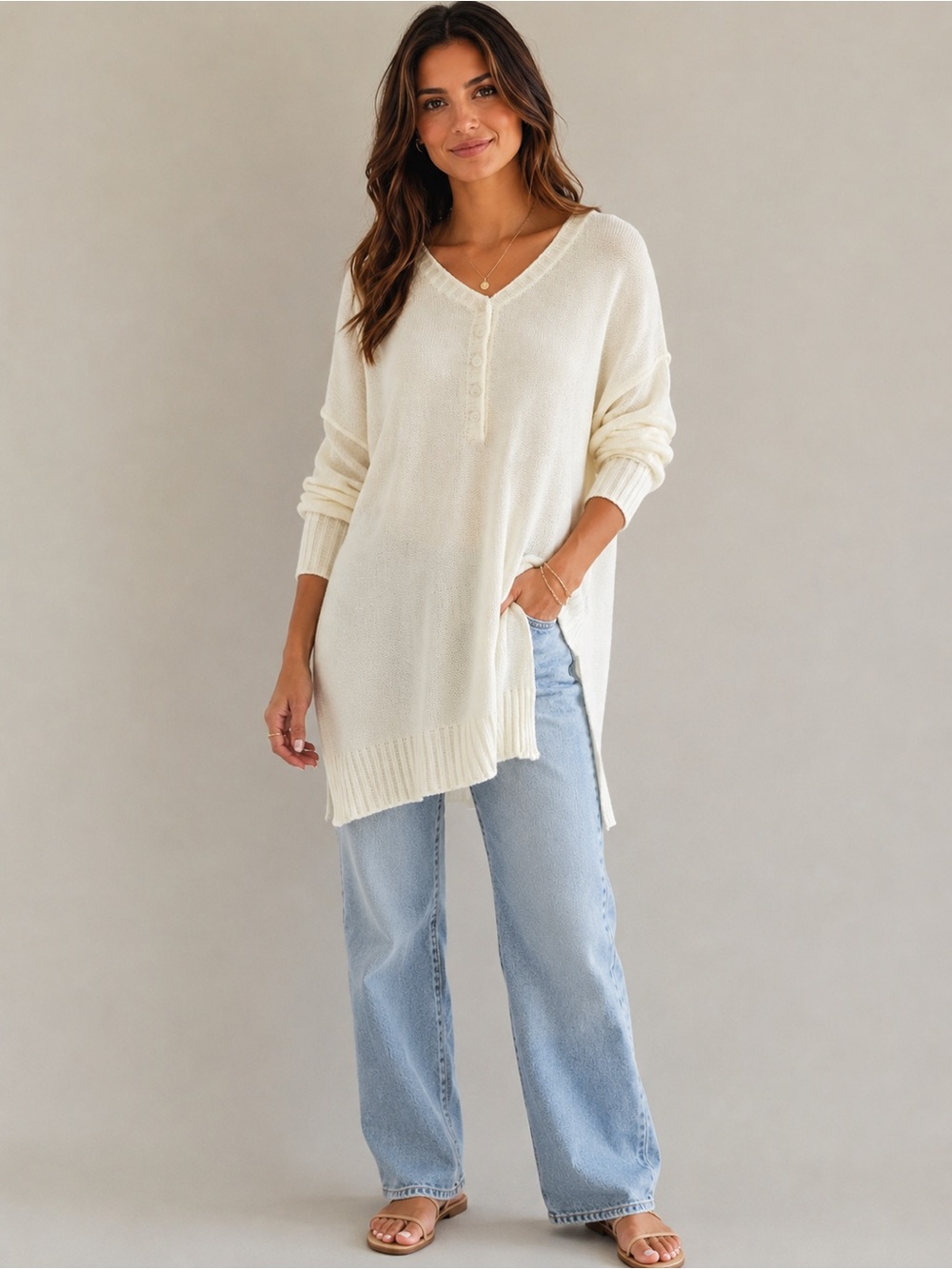 NWOT A.Calin by Flying Tomato Ivory Knit Henley Tunic Sweater Long Sleeve Size M